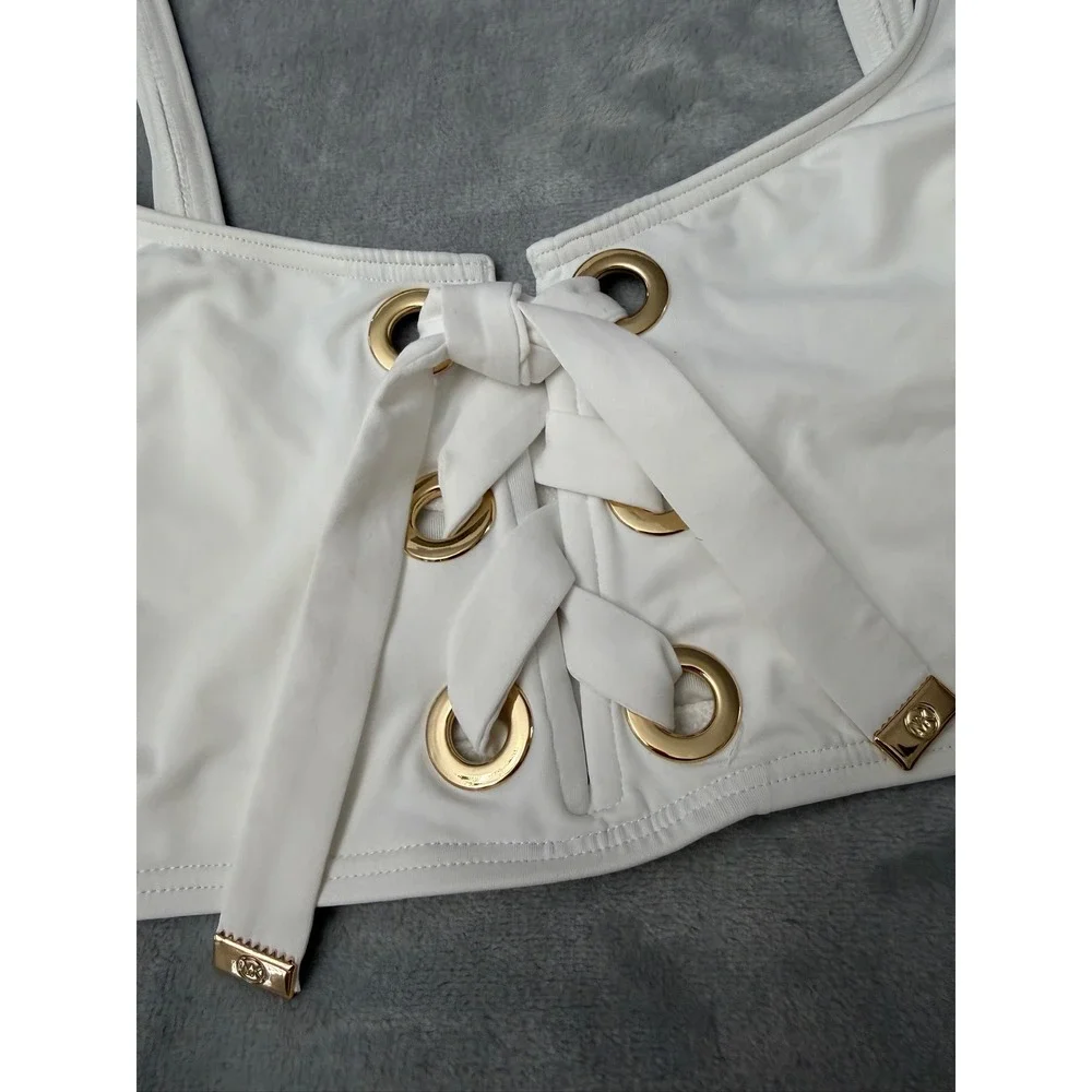 Michael Kors Bikini Top Women White Lace Up Grommet L $78